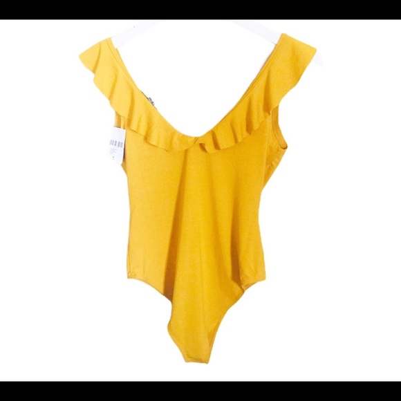 NWT FOREVER 21 Off Shoulder Bodysuit With Flutter Detail Mustard Yellow Medium - Picture 7 of 9